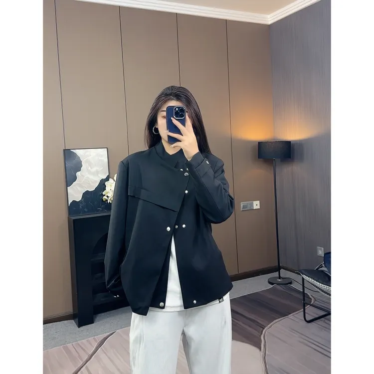 新中式垫肩黑色西服外套男秋季解构活页按钮斜门襟设计感小众夹克