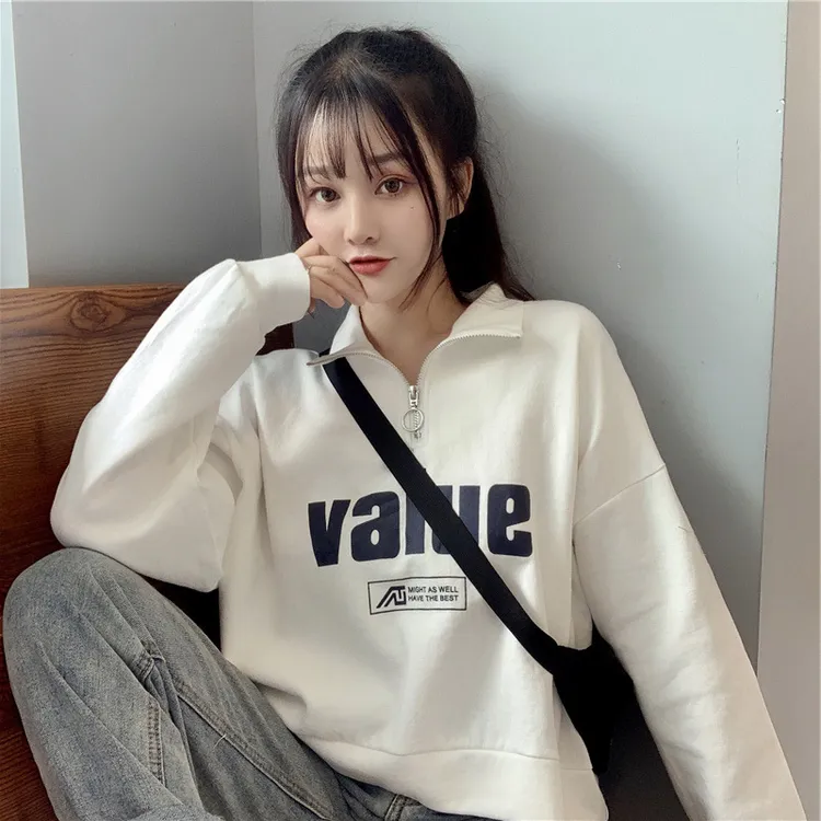小众炸街高级感女装白色高腰短款卫衣春秋设计宽松慵懒半高领拉链