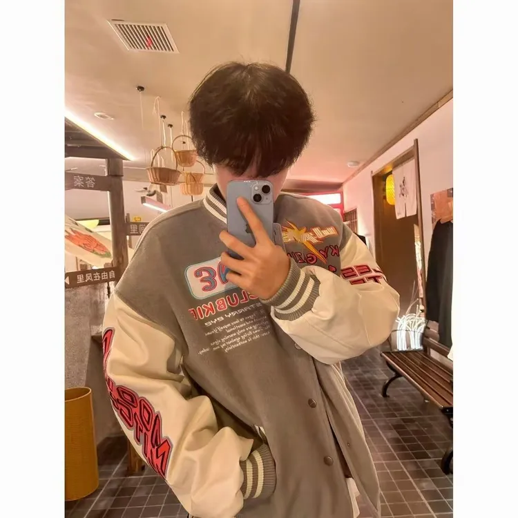 国潮牌刺绣PU皮拼接棒球服外套男秋冬设计感美式高街宽松夹棉夹克