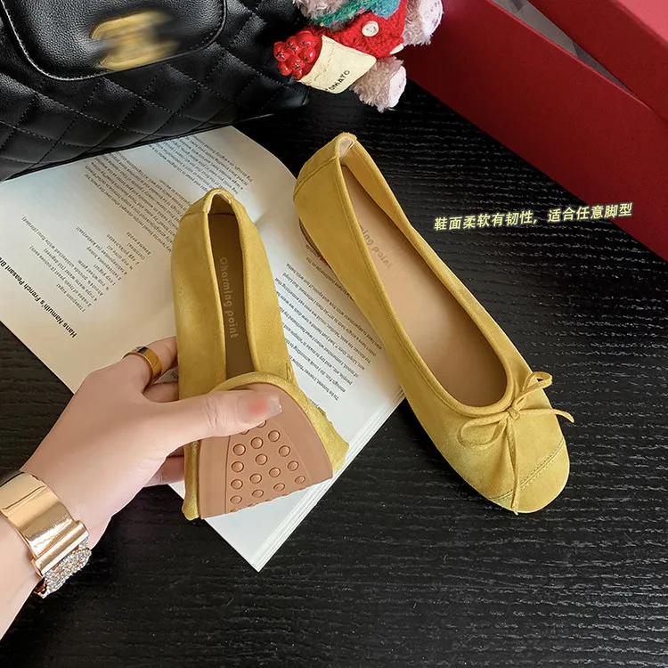 银色平底鞋女款单鞋真皮一脚蹬软底蝴蝶结芭蕾风软底不累脚高级感
