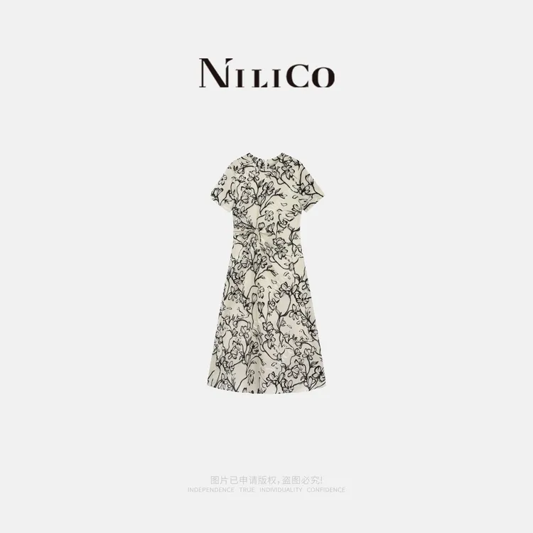 NILICO【画卷】莱赛尔清凉感褶皱收腰优雅水墨印花亚麻连衣裙