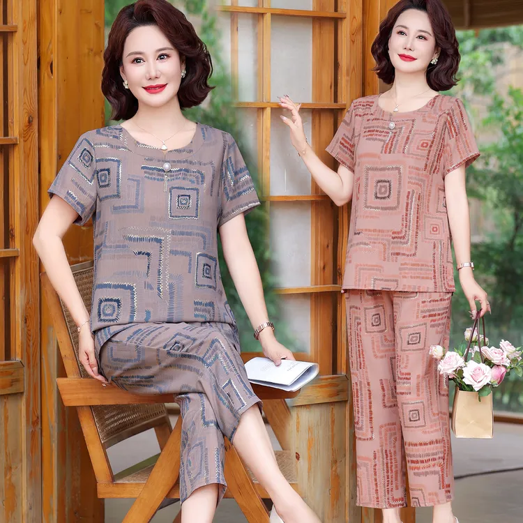 F398 妈妈装夏款洋气短袖套装中老年女装两件套奶奶气质宽松套装