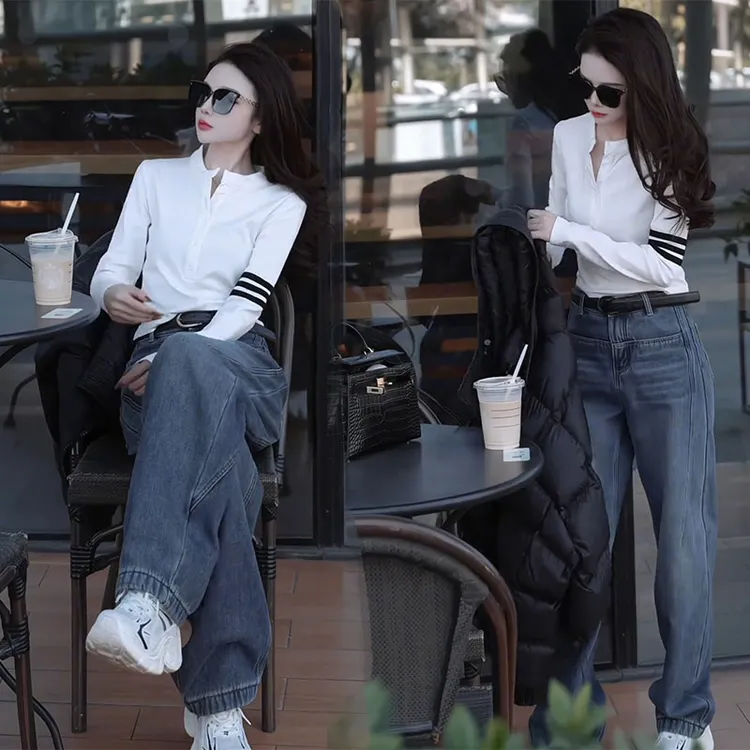 2025韩版秋装轻奢日系短款长袖T恤上衣显瘦牛仔长裤洋气两件套装