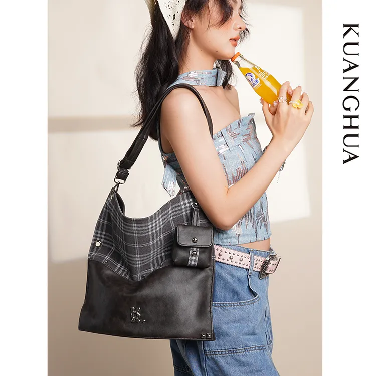 KUANGHUA哐花2025款大容量托特包通勤格纹单肩斜挎复古甜酷小众