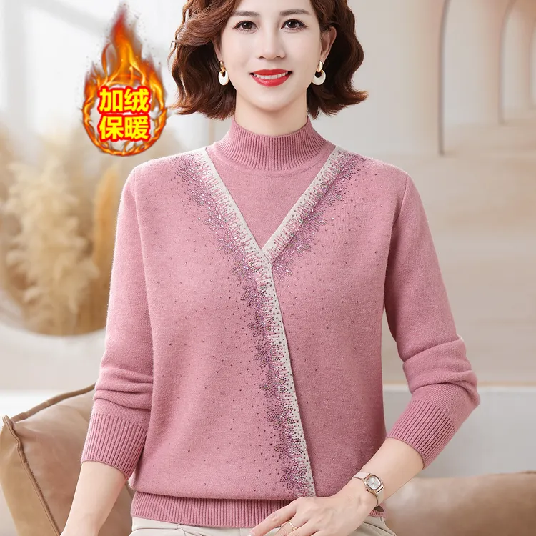 妈妈装秋冬季一体绒毛衣中年保暖上衣中老年女加绒加厚针织打底衫