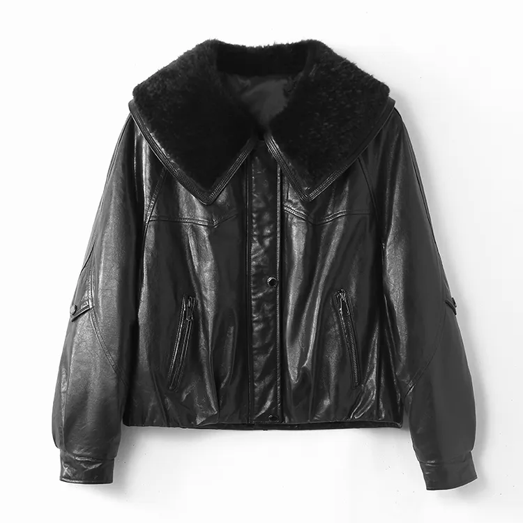 WE2025新款鹅绒真皮水晶油蜡头层绵羊皮夹克女休闲100毛领皮衣