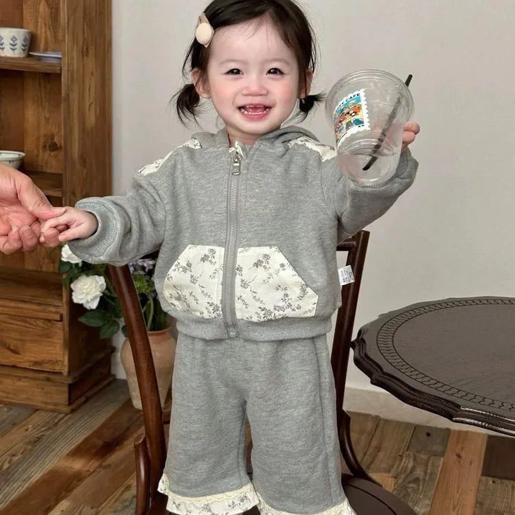 韩版女童儿童套装秋季新款洋气宝宝碎花外套卫衣卫裤两件套TZ