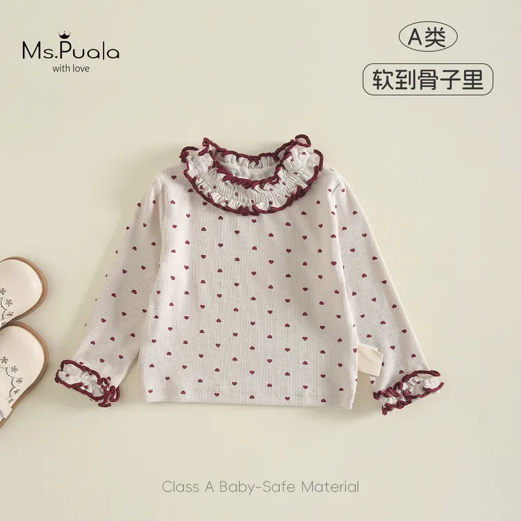 【Ms.Puala甜心】婴幼儿女童长袖T恤小宝满印爱心花边领套头打底衫