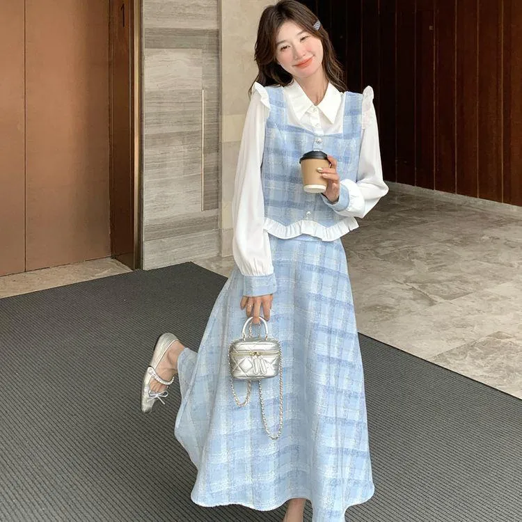 蓝色格子小香风套装裙女春秋2025新款高级感超火网红爆款两件套