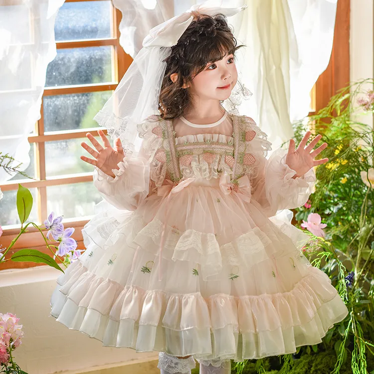 草莓泡芙-女童秋装公主裙子 秋季儿童洋气蓬蓬纱粉色礼服连衣裙