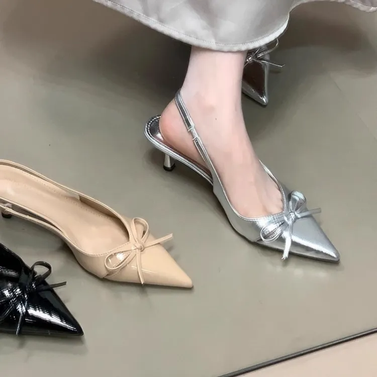 原创小众设计感细跟高跟鞋气质绝美包头凉鞋女尖头浅口单鞋蝴蝶结