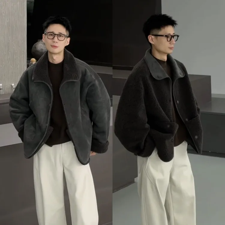 美式男装加绒冬季加厚美拉德高级复古机车翻领宽松夹克潮流外套