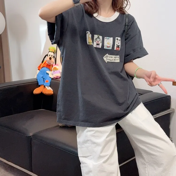 2026夏季新款超洋气烟灰色撞白色领口米奇卡通T恤女宽松显瘦高级
