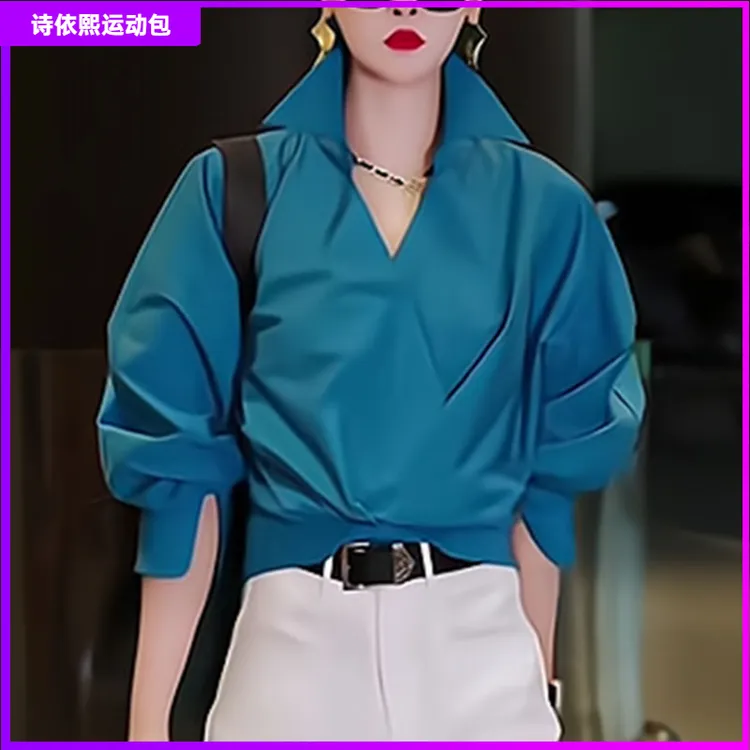 1翻领衬衫女春季设计感宽松显瘦独特别致漂亮蓝色叠穿气质上衣I