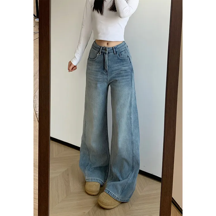 复古窄版阔腿牛仔裤女2025秋冬加绒高腰显瘦宽松垂感直筒拖地裤子