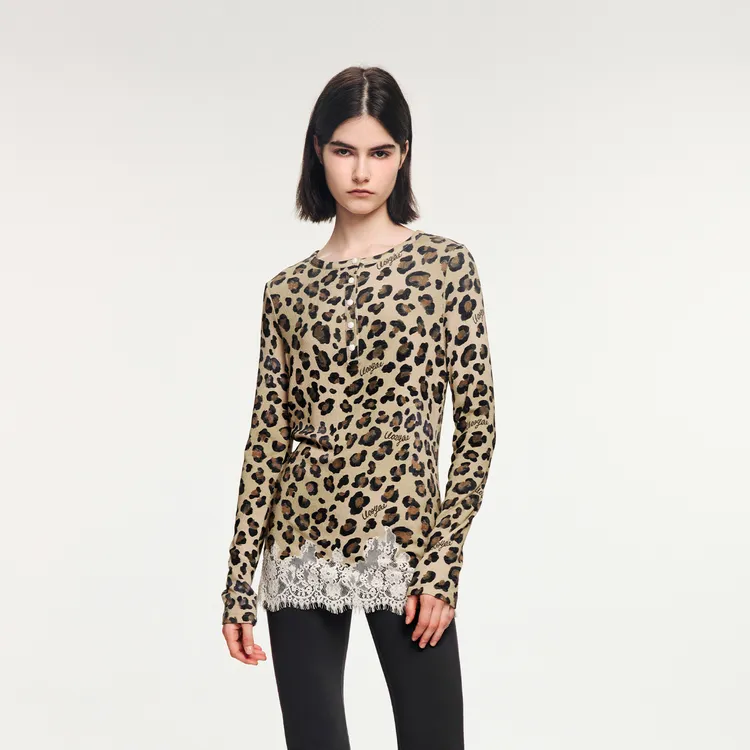 UOOYAA/乌丫2025冬季新款「魔法花园」豹纹蕾丝亨利领长袖T恤 5161