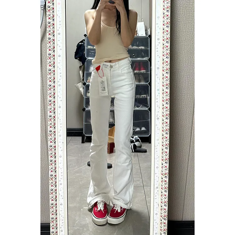 春季新款白色高腰微喇叭牛仔裤女小个子弹力修身显瘦拖地马蹄裤潮