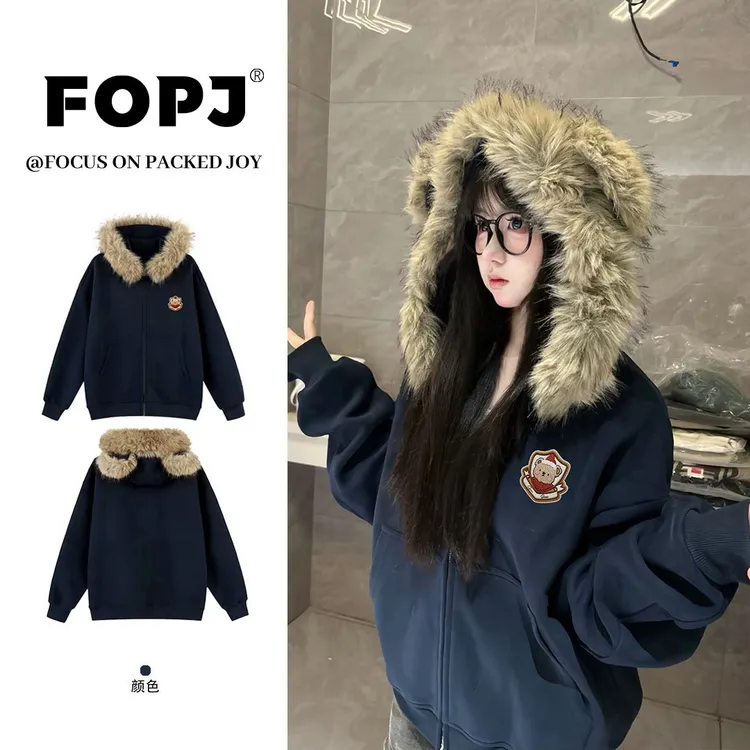 FOPJ秋冬新款时尚可拆卸小熊耳朵设计感双拉链毛领连帽外套女上衣