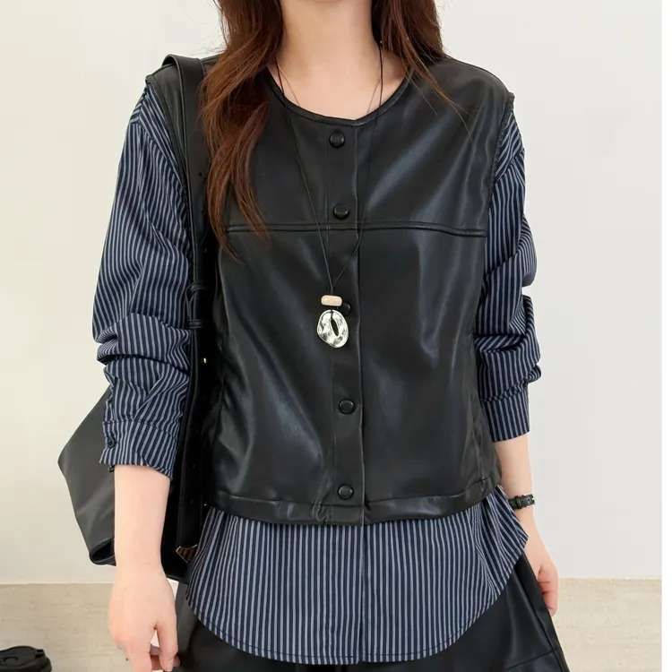 千百蔚条纹拼接朋克风宽松型学院风衬衫马夹小众假两件女装上衣