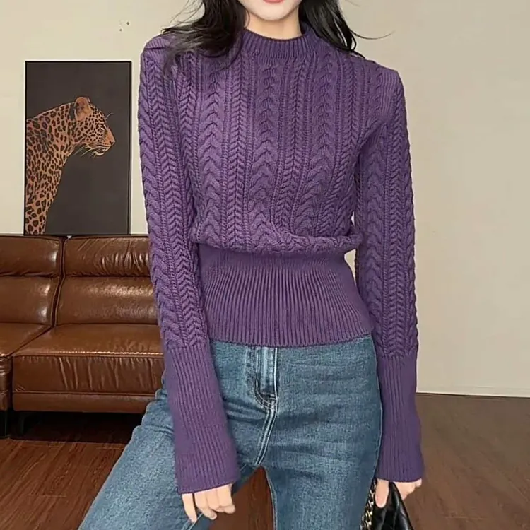 麻花小立领收腰厚款毛针织衫收腰显瘦百搭针织上衣毛衣女K1-33