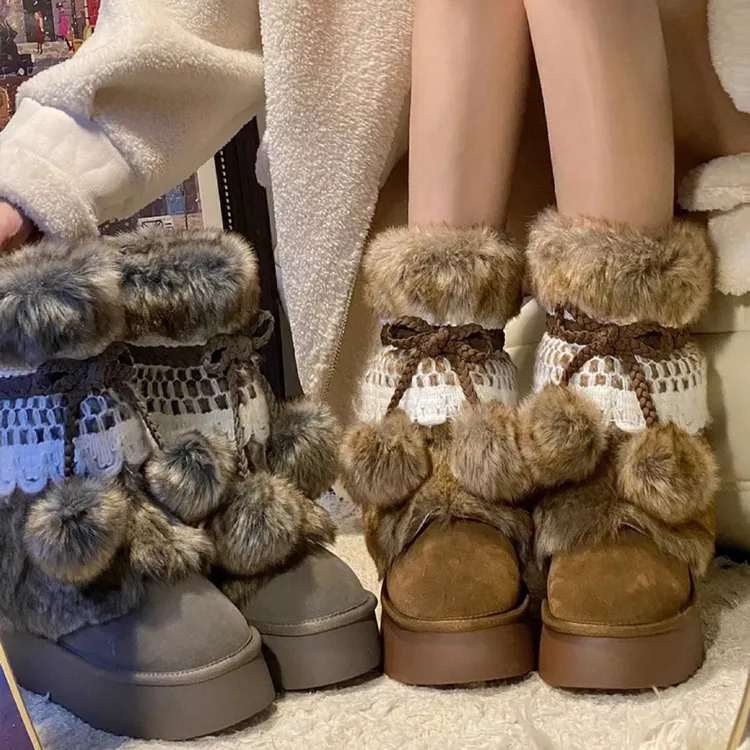 东北复古百搭毛茸茸雪地靴女秋冬新款厚底加绒加厚保暖大棉鞋