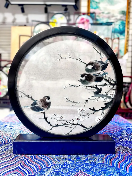 纯手工苏绣紫光檀实木摆台手工双面送礼国外友人收藏