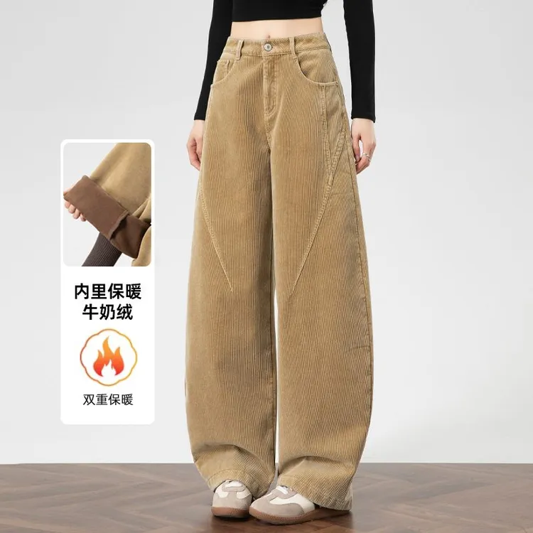 卡其色灯芯绒裤子女秋冬加绒2025年流行网红女裤加厚条绒弯刀裤女