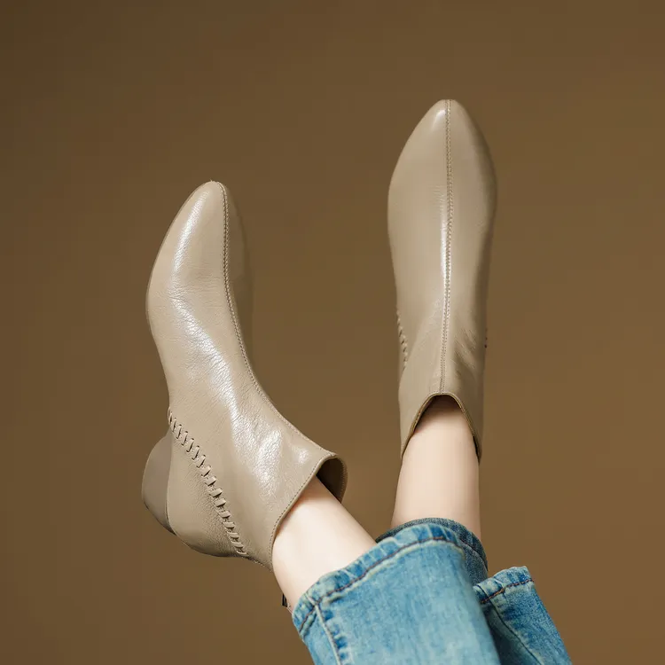 4CM-头层羊皮时装靴新款瘦瘦靴法式女靴秋冬马丁10法式复古羊皮女