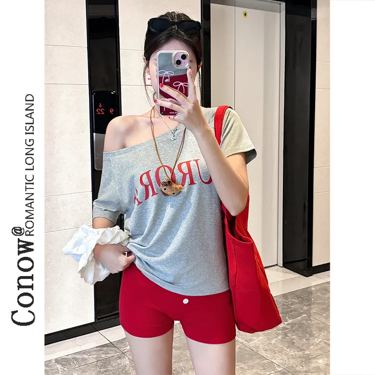夏季新款时尚斜肩一字肩宽松短袖T恤女字母印花显瘦百搭上衣
