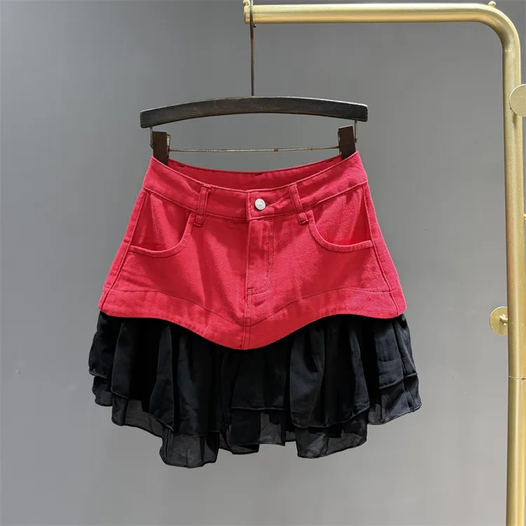 拼接网纱牛仔半身裙女2025夏季新款减龄显瘦高腰辣妹蛋糕裙短裙子