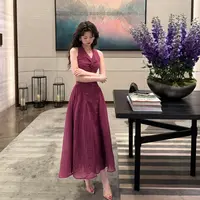 专场现货一生罗曼【葡萄成熟】夏季法式V领蕾丝连衣裙高腰长裙L1321