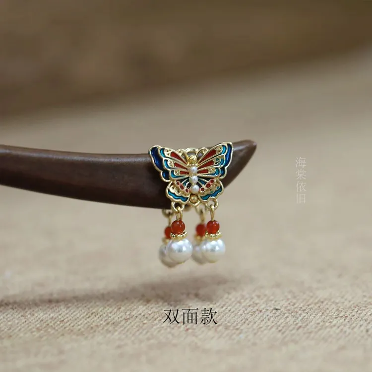 海棠依旧【比翼双飞】日常步摇簪景泰蓝双面宫廷大叶檀木发簪