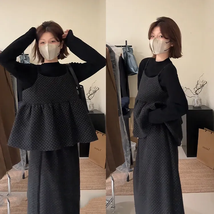 时尚穿搭女装2026早春新款韩版百搭打底上衣波点吊带半身裙三件套