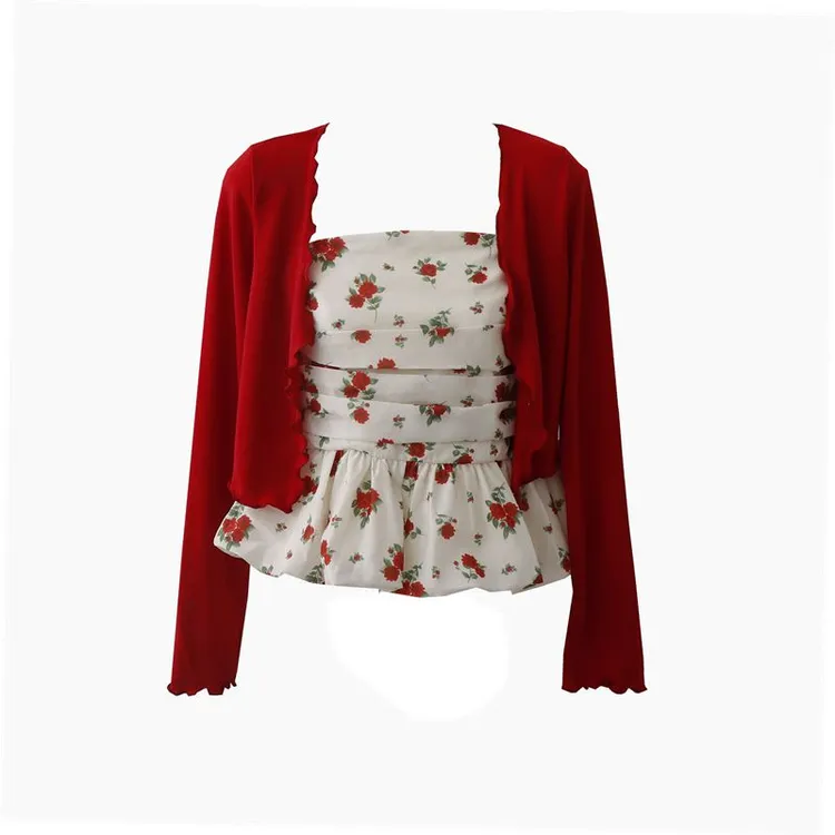 自制法式度假风复古玫瑰碎花抹胸背心+红色开衫外套两件套上衣女