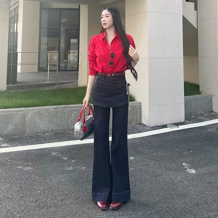 喜绚设计感喇叭牛仔裤女2025秋季新款高腰时髦假两件显瘦喇叭裤子