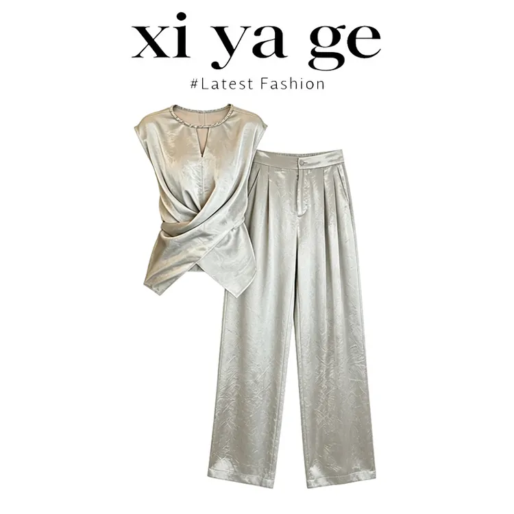X-YAGE【全额运补】夏季时尚轻熟气质风收腰显瘦上衣+阔腿裤套装女