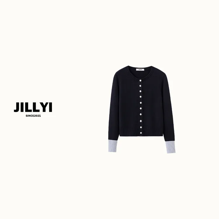 JILLYI珠海店【韩系撞色】藏蓝色圆领单排扣极简风秋季百搭针织开衫