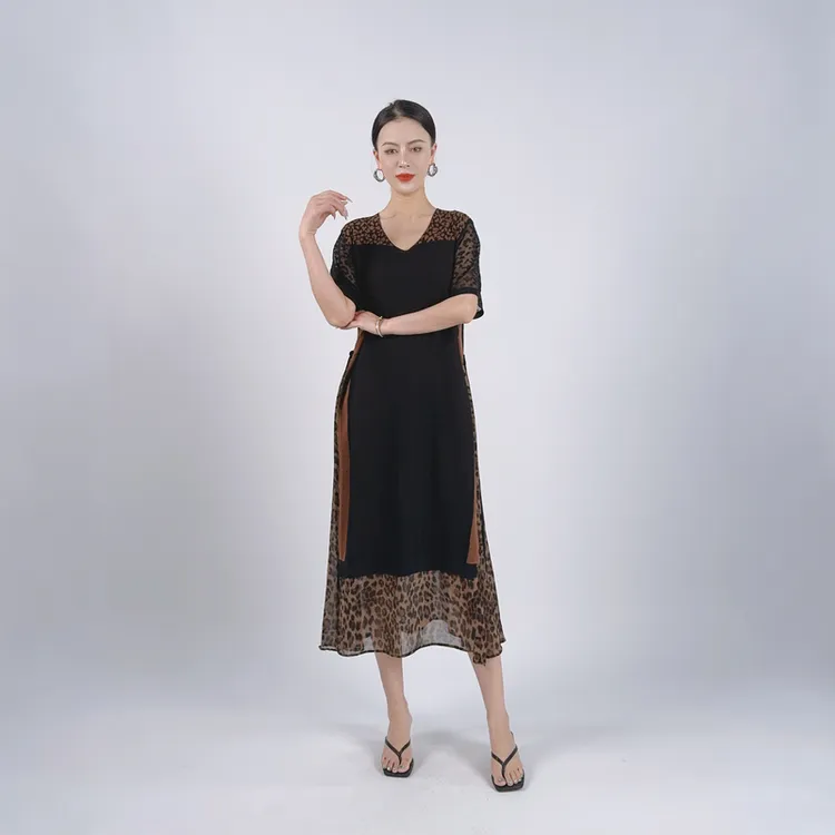 A824黑豹纹织连衣裙显瘦设计师优雅时尚气质复古夏季