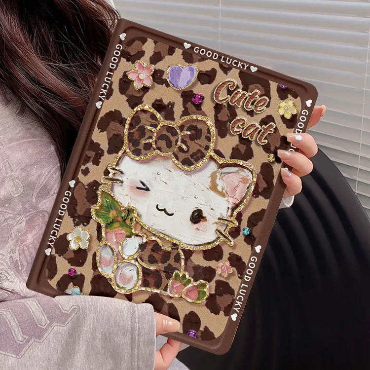 豹纹油画抱抱猫ipad11平板保护壳新款防摔带笔槽设计款ipad air7