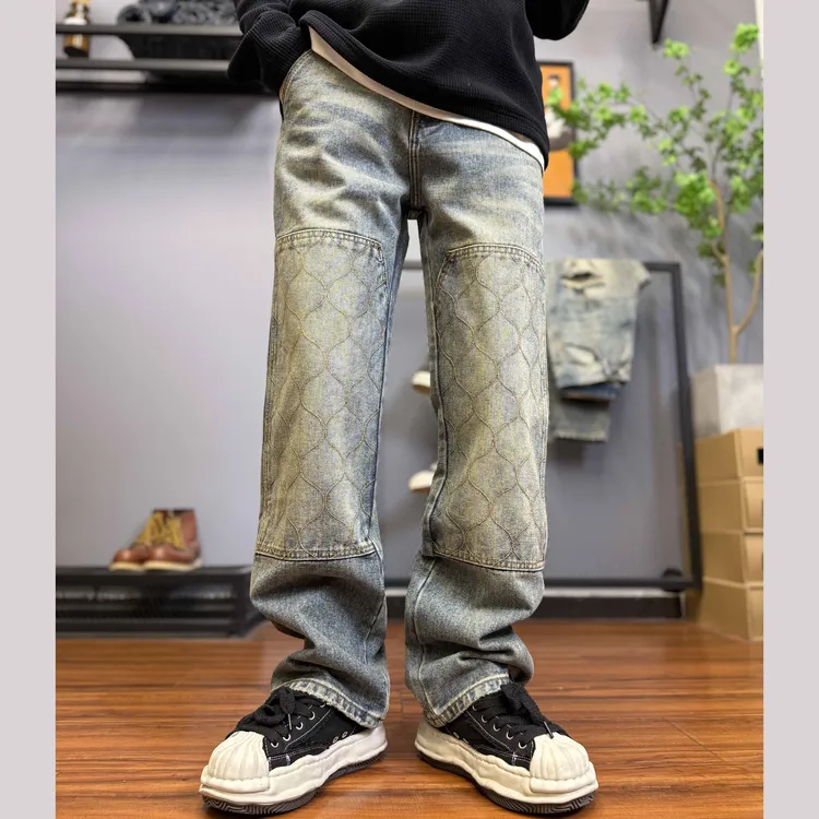 秋冬美式复古潮牌新款宽松直筒牛仔裤男个性拼接男士长裤C636