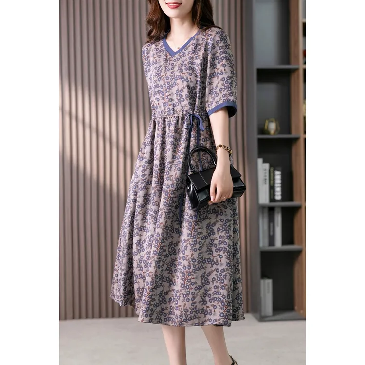 欧洲站2025夏季新款棉麻复古印花连衣裙宽松显瘦碎花中长款裙子潮