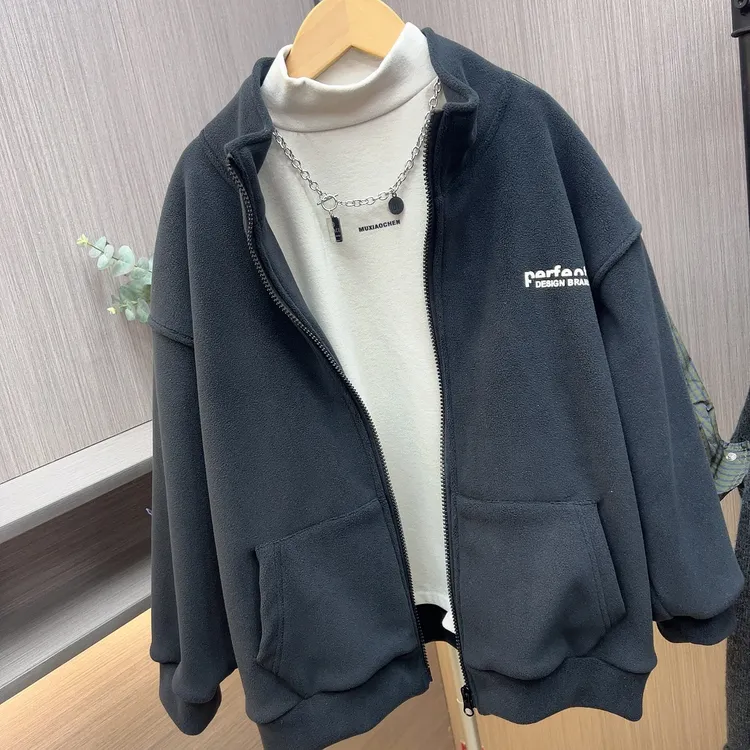 男女童奥粒绒外套中大男童洋气加厚加绒外套休闲拉链立领加绒上衣