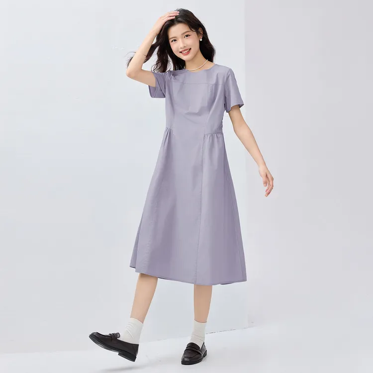 佐丹奴纯棉府绸连衣裙女收腰清凉法式气质圆领连衣裙 05465322