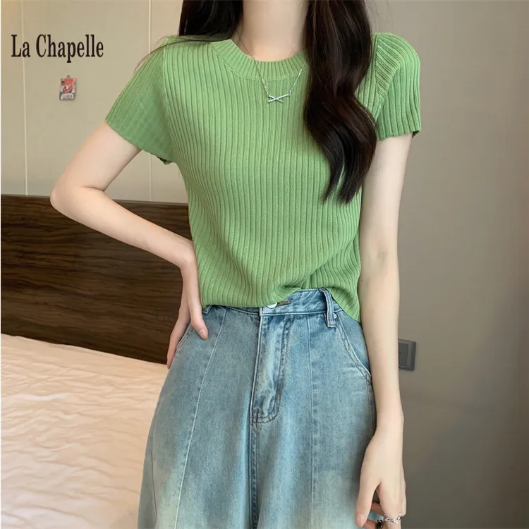 拉夏贝尔正肩短款冰丝针织衫女2025设计感小众修身别致短袖T恤