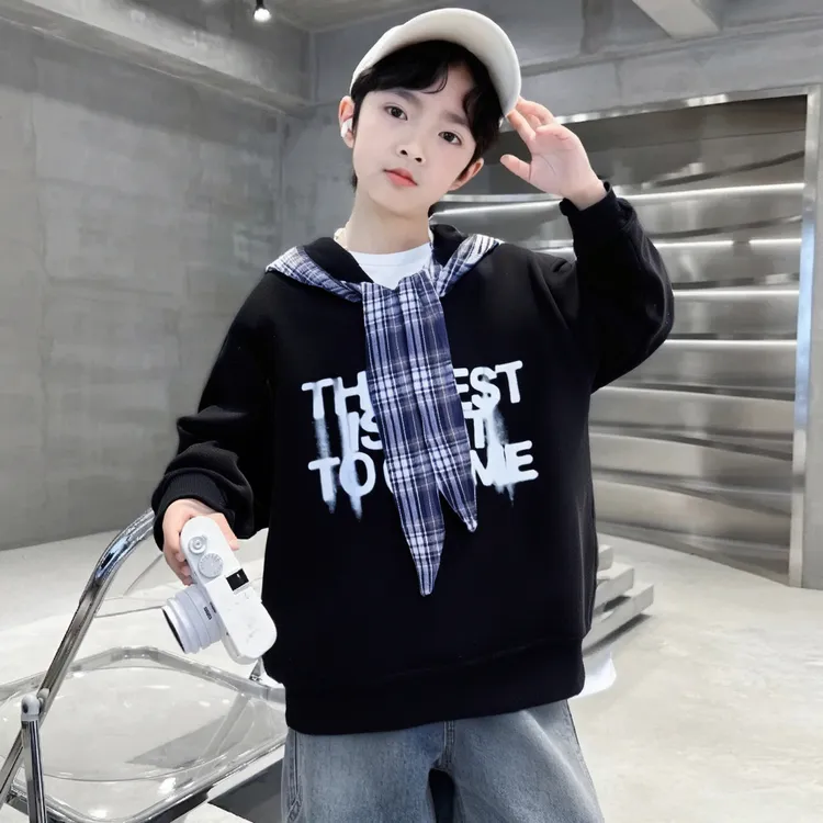 【现货】儿童卫衣2025秋季新款韩版格子连帽衫男童春秋洋气中大童
