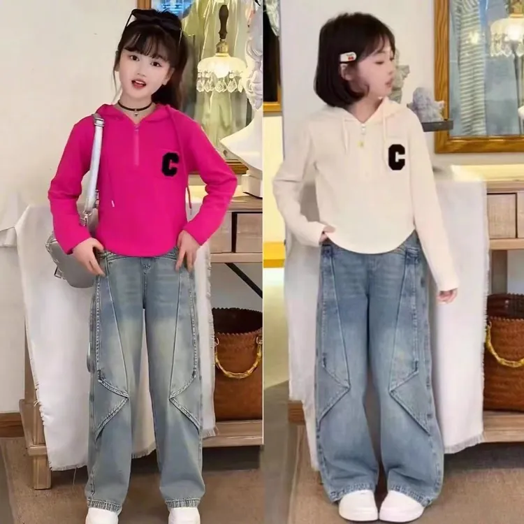 女童春季套装韩系百搭2025新款中大童女孩连帽卫衣牛仔裤两件套