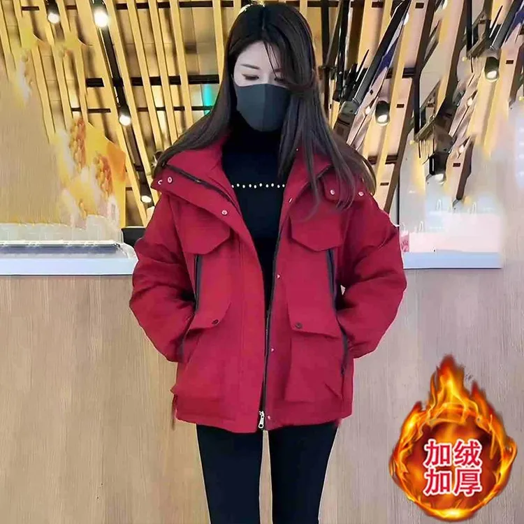 韩版时尚加绒加厚连帽工装冬季棉服棉袄外套女保暖休闲新款棉衣潮
