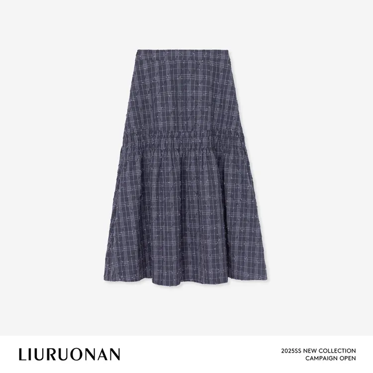 LIURUONAN 25WIN【格林威纳】格纹褶皱拼接半身裙秋冬高腰显瘦长裙