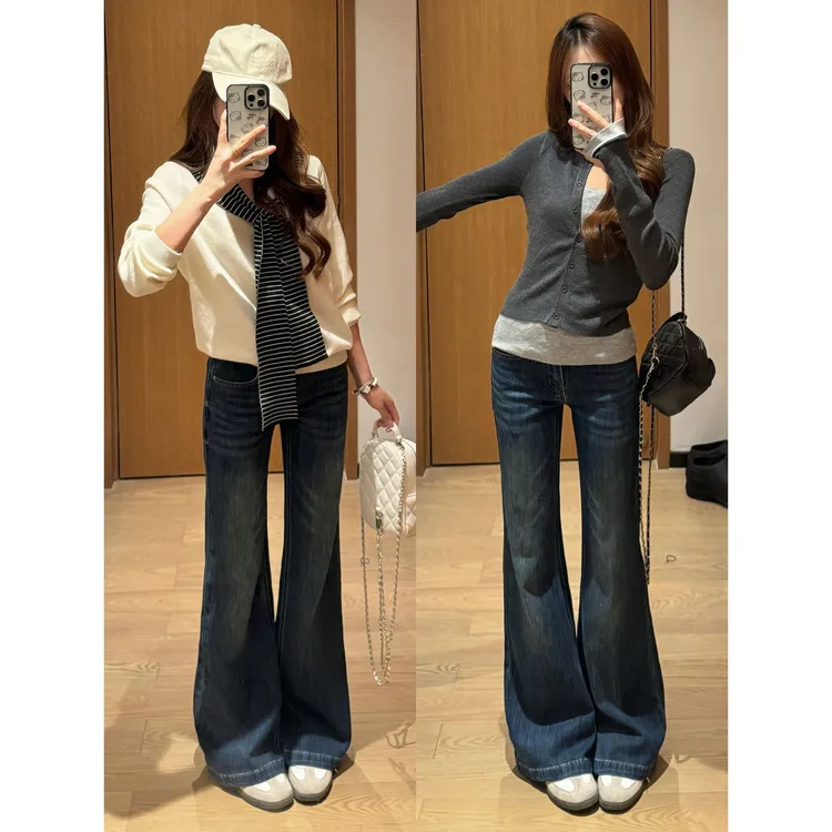 【萱芸芸专属】美式复古微喇牛仔裤女2025早秋中腰弹力显瘦微喇裤