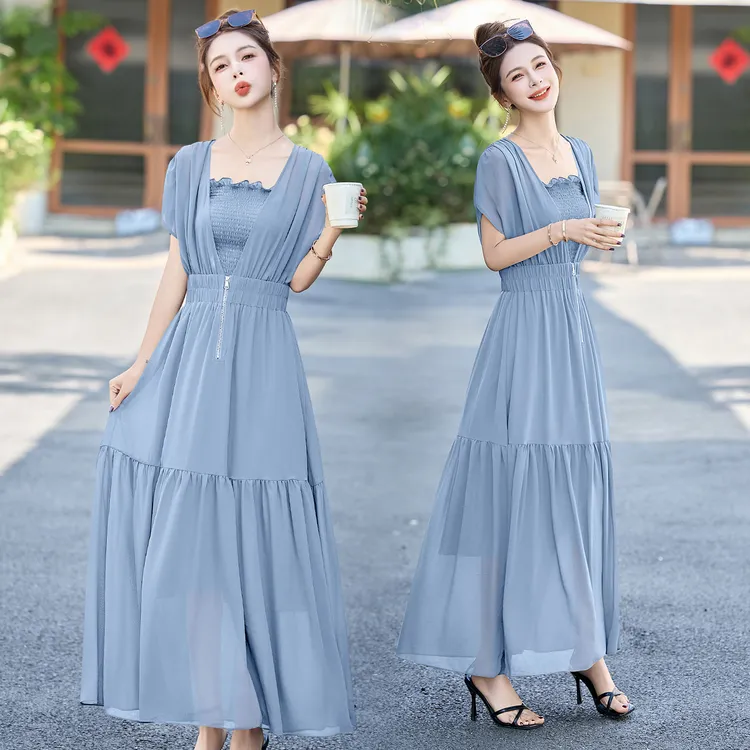 法式雪纺连衣裙女2025夏新款名媛知性风收腰显瘦爆款洋气大摆长裙